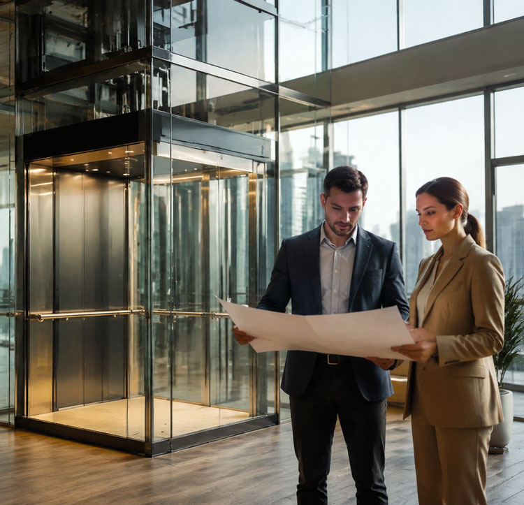 Tim penjualan Kelevator mendiskusikan proyek elevator